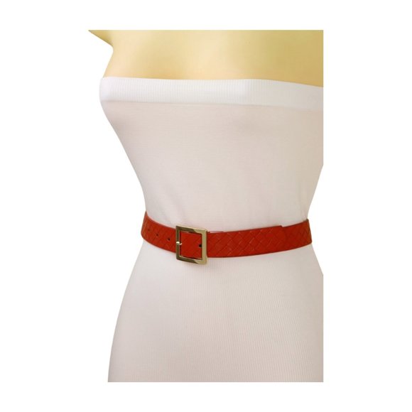 Women Orange Color Basket Weave Skinny Belt Gold Metal Square Buckle Size S M - Picture 11 of 17